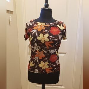 Style & Co Womans Floral Short Sleeve Top - Brown, Orange, Yellow